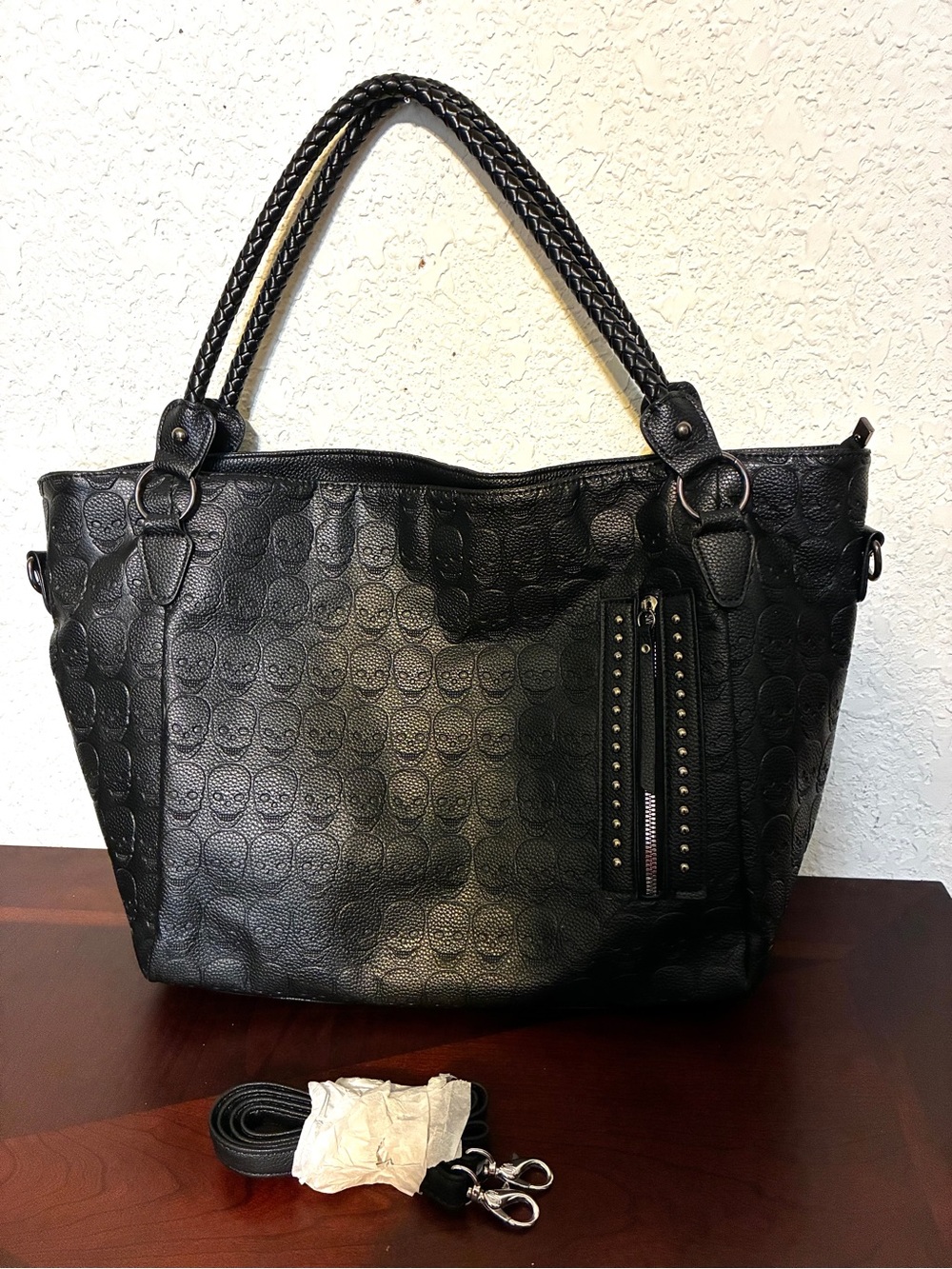 Black Skull Embossed Shoulder Bag W/Crossbody Strap